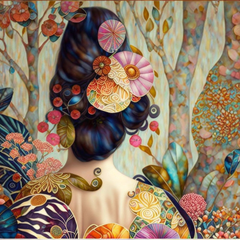 Whimsical person with floral hairstyle in vibrant botanical scene