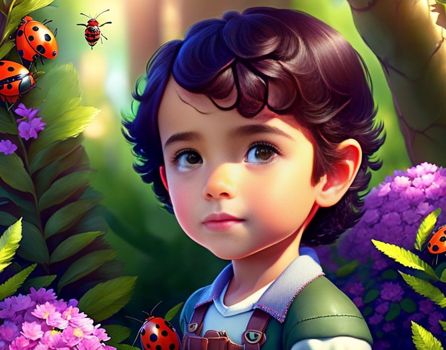 Child with expressive eyes in whimsical flower setting