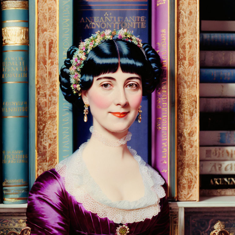 Historical figure portrait: Woman with black hair, red dress, and vintage jewelry among ornate books