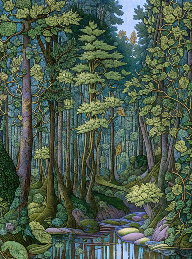 Detailed Illustration of Lush Forest with Stream