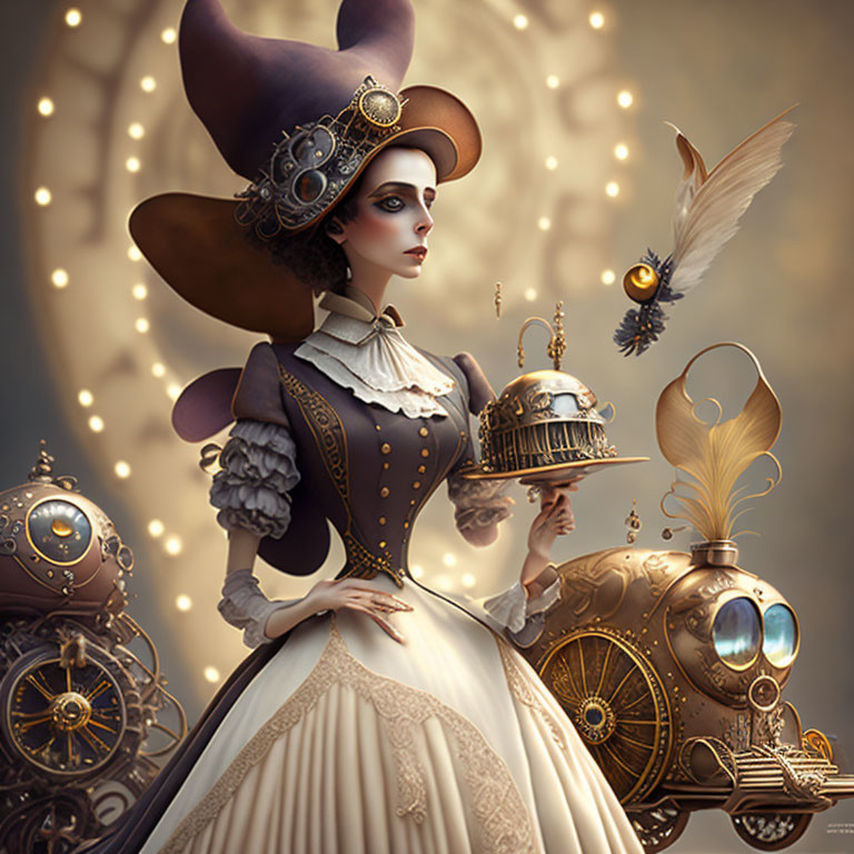 Steampunk woman with mechanical bird and glowing lights