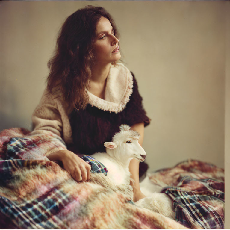 Woman with wavy hair and white goat on plaid blanket