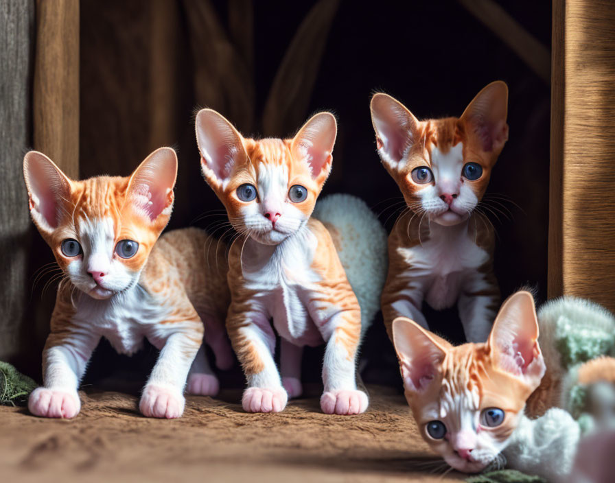 Four Orange Tabby Kittens with Blue Eyes and Spotted Coats in Wooden Enclosure