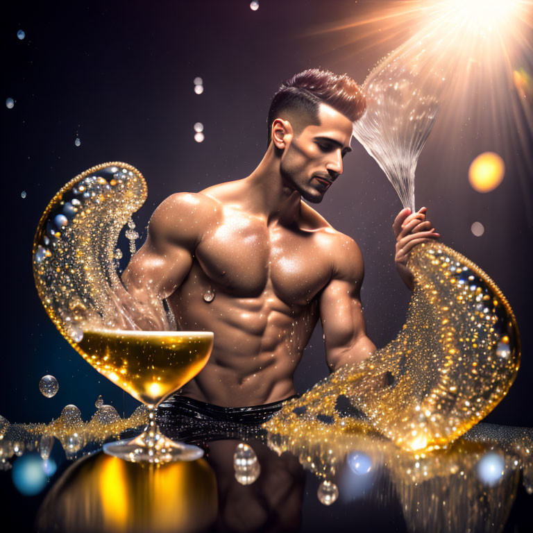 Muscular shirtless man with champagne glass in golden bubbles on dark backdrop