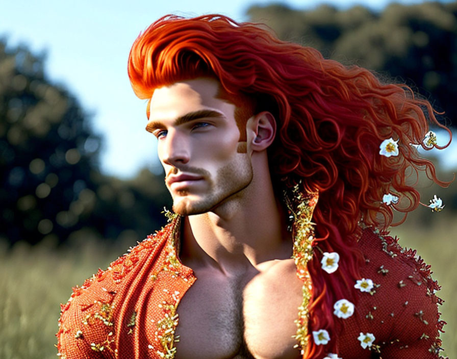 Male figure with red hair and orange garment in digital art