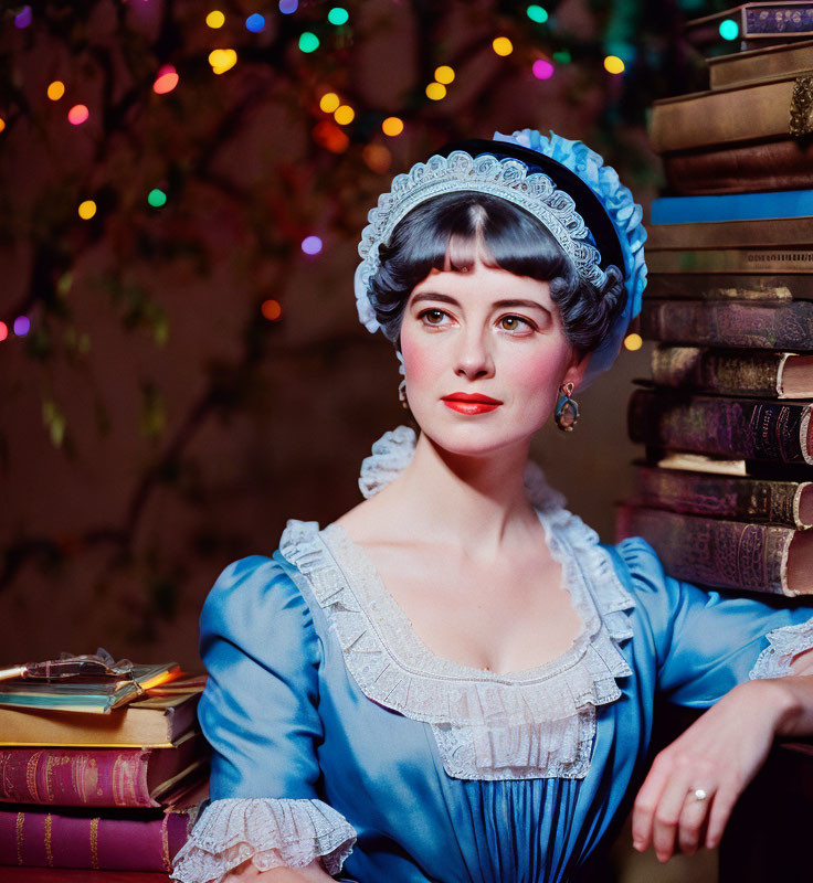 Historical woman in blue dress with books and colorful lights