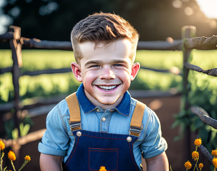 Young boy in overalls smiling in sunlit field with yellow flowers