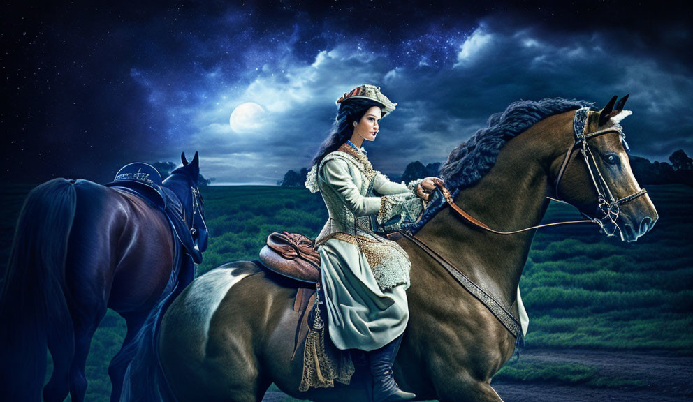 Woman in historical attire on horseback with another horse under moonlit sky