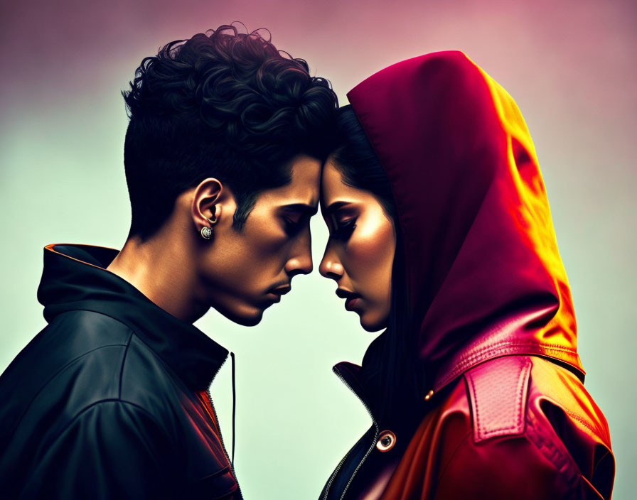 Stylized people in black and red jackets against vivid background