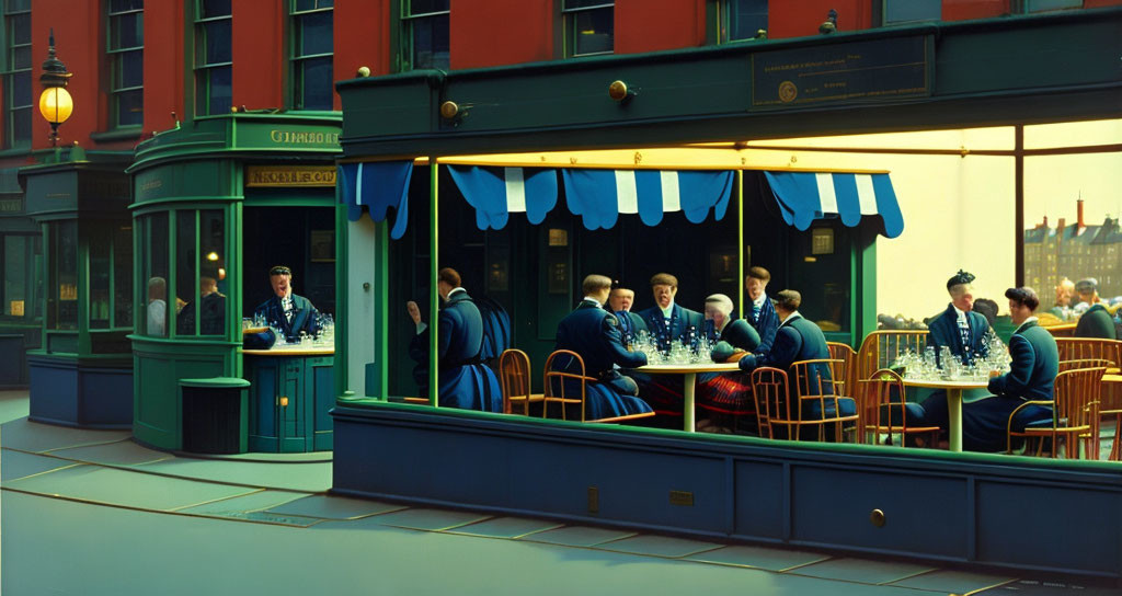 Colorful painting of tram diner with uniformed people at tables