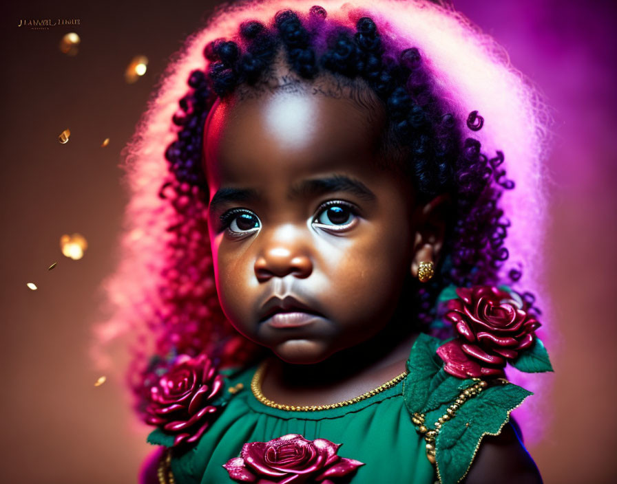 Curly-Haired Toddler in Green Dress with Roses and Glitter