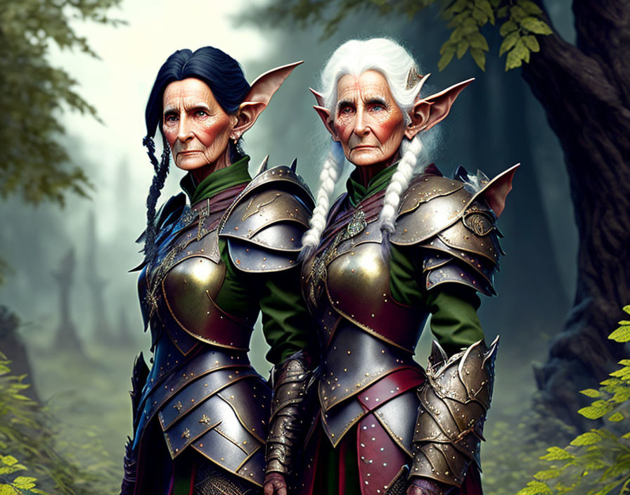 Elderly Female Elves in Ornate Armor in Misty Forest