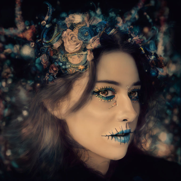 Elaborate Blue Lip Makeup with Stitched Design and Floral Headpiece