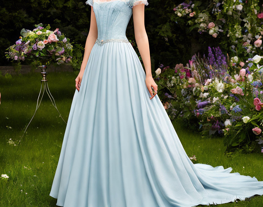 Blue floor-length gown with lace detail in garden setting