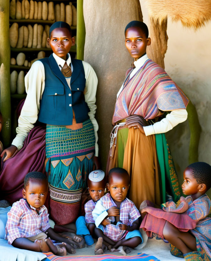 Traditional family portrait with standing and seated members in cultural attire.