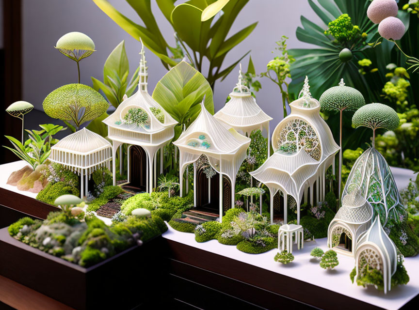 Intricate White Architectural Models in Fantasy Garden