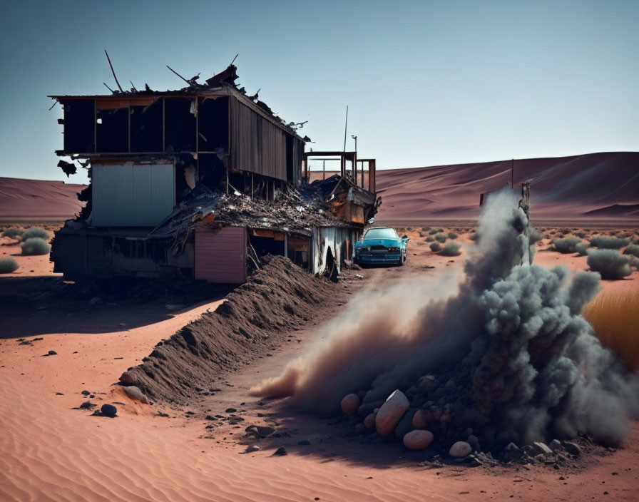 Abandoned building, old car, and smoke in desert landscape