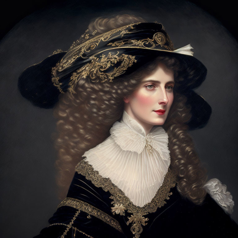 Digital portrait of woman with curly hair in black hat with gold trim & ruffled white collar, wearing