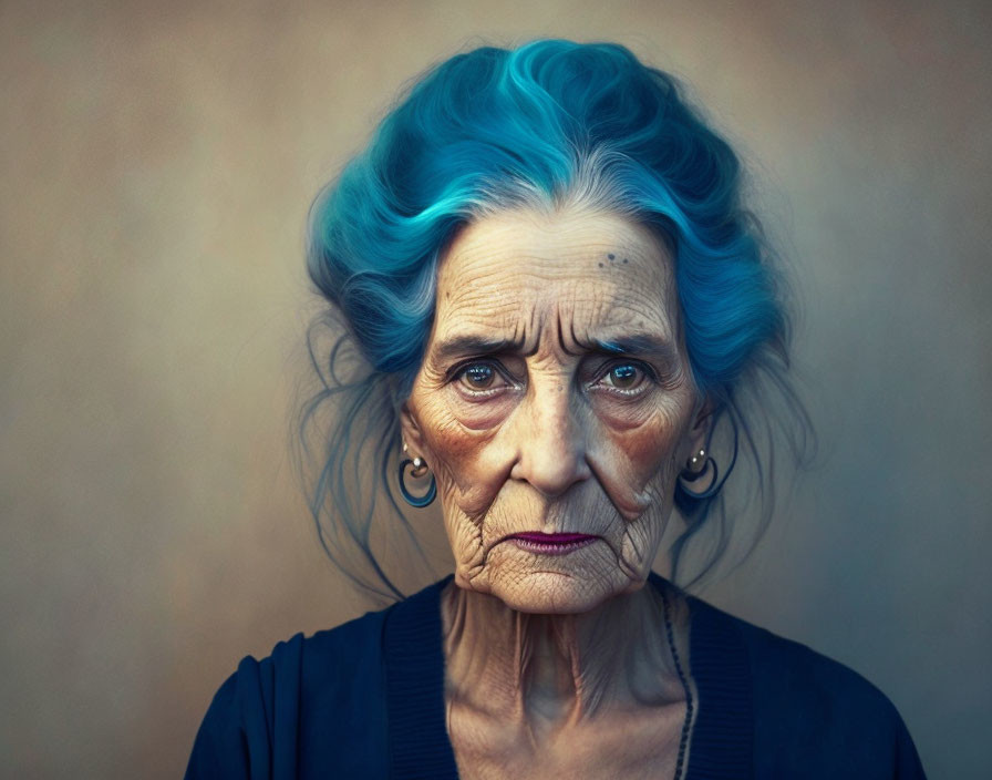 Elderly woman with blue hair and hoop earrings gazes at camera.