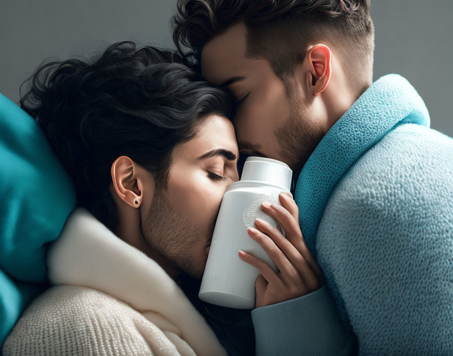 Two people cuddling closely with a white cylindrical object nearby