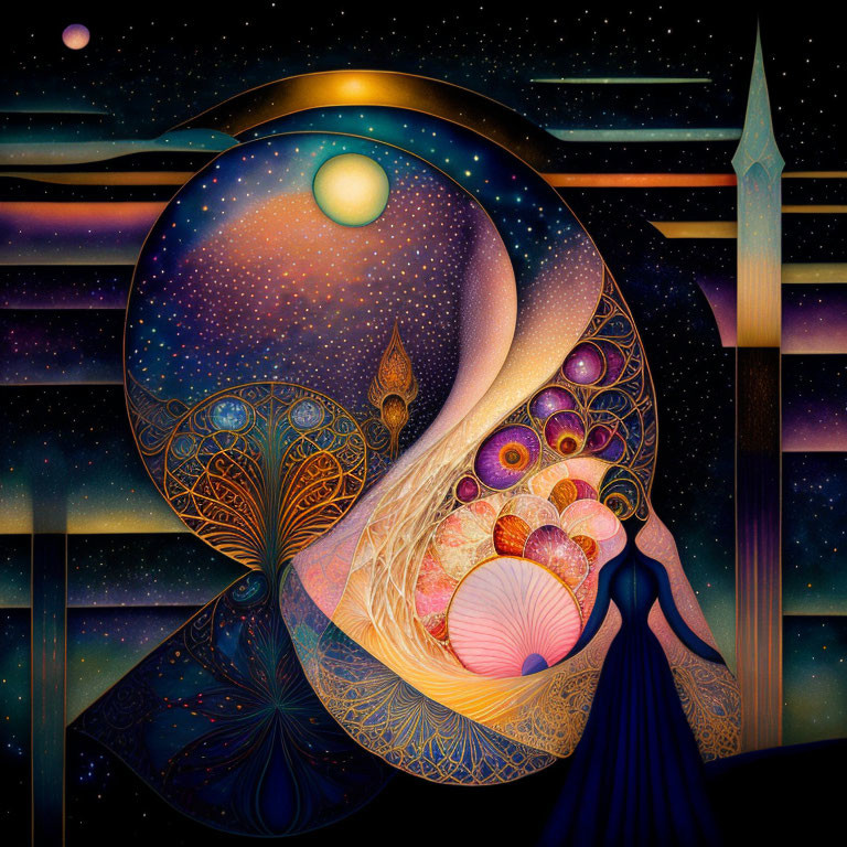 Colorful Cosmic Woman Artwork with Stars, Tree, and Celestial Landscape