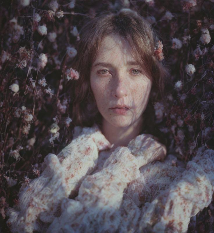 Freckled woman surrounded by pink blossoms in floral blouse