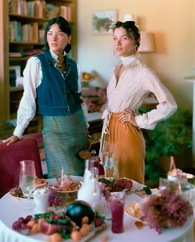 Two Women in Vintage Clothing by Table with Fruit and Pastries