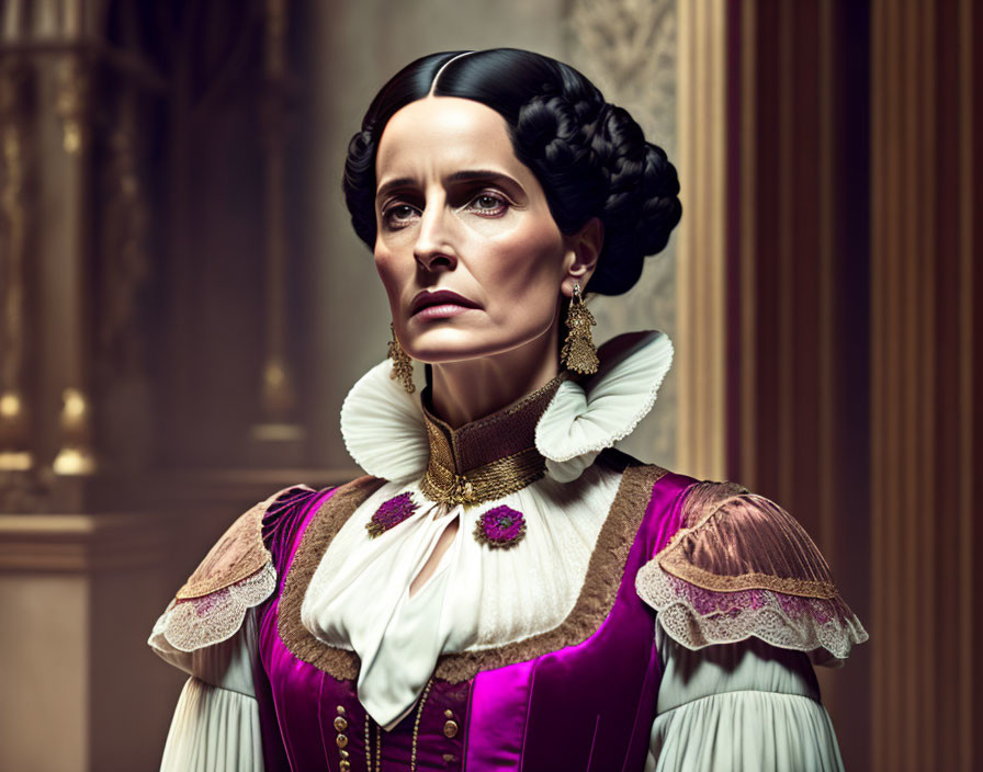 Historical woman in purple bodice and white ruff collar