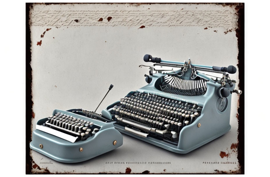 Vintage Blue Typewriter with Detached Keyboard on Textured Beige Background