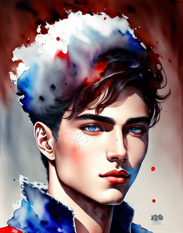 Young man with sharp features and blue eyes in watercolor style portrait