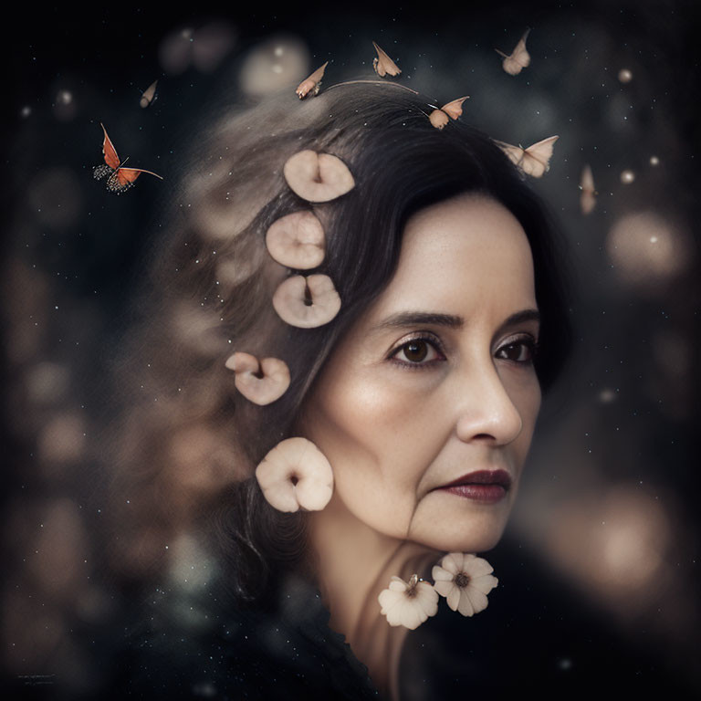 Contemplative woman with flowers and butterfly on dark background