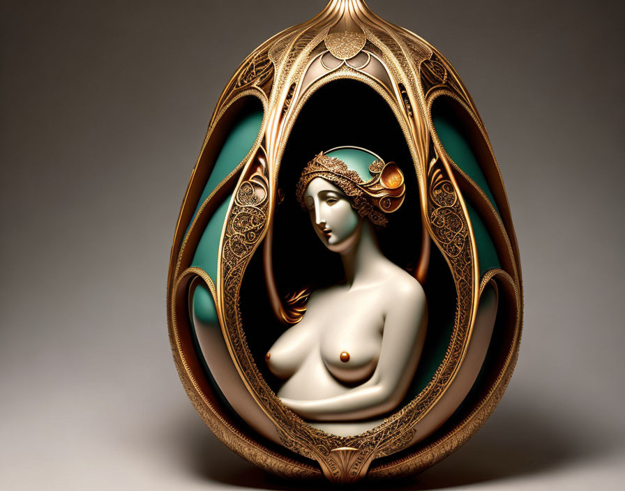 Intricate Art Nouveau-style digital artwork of a woman in ornate egg-shaped frame