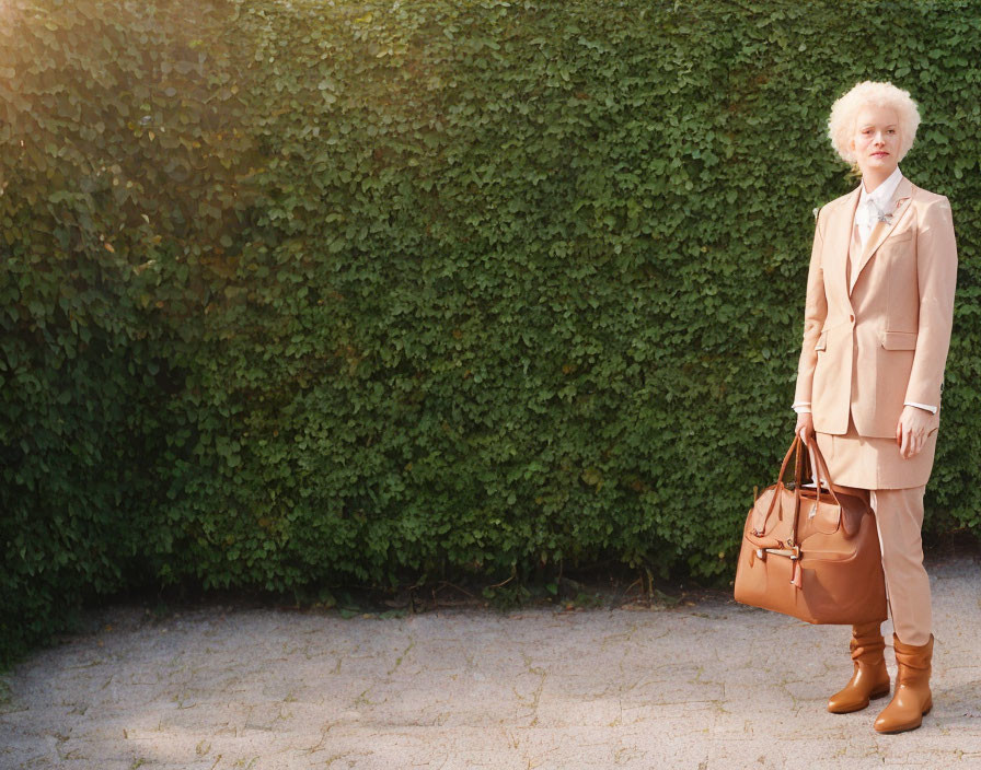 Blond Person in Beige Suit Standing by Green Hedge