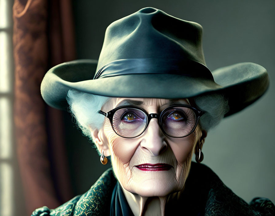 Elderly woman with blue eyes in green hat and round spectacles