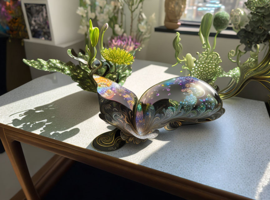 Glass sculpture of open book with cosmic and floral patterns on wooden table in sunlight