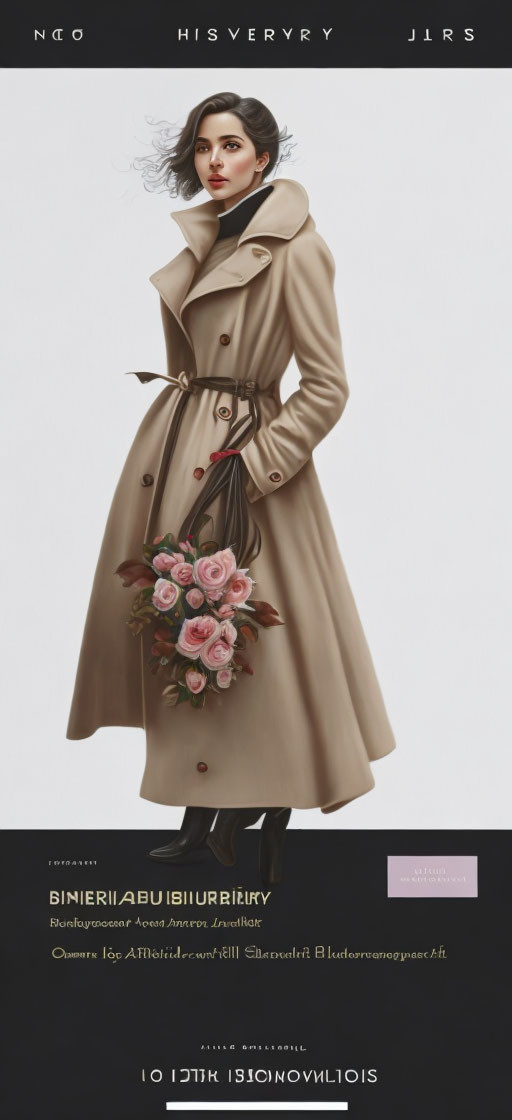 Fashionable woman in beige trench coat with pink flowers, surrounded by cryptic text elements