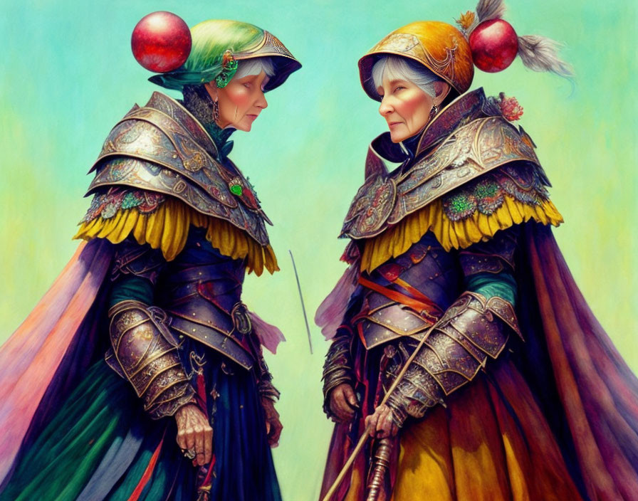 Elderly women in medieval armor with fruit motifs on colorful backdrop