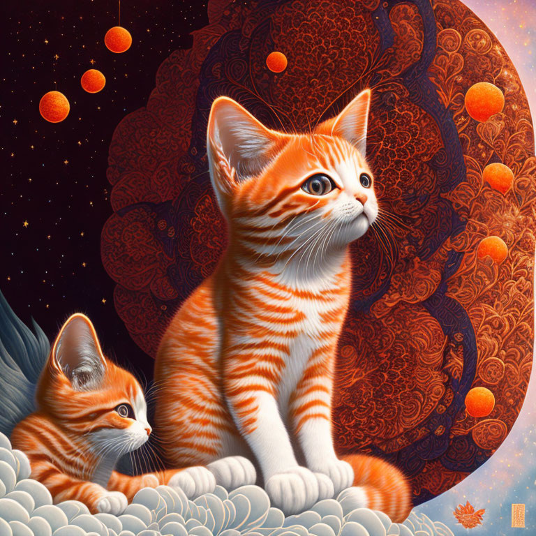 Two Orange Striped Kittens in Cosmic Setting with Clouds and Patterns