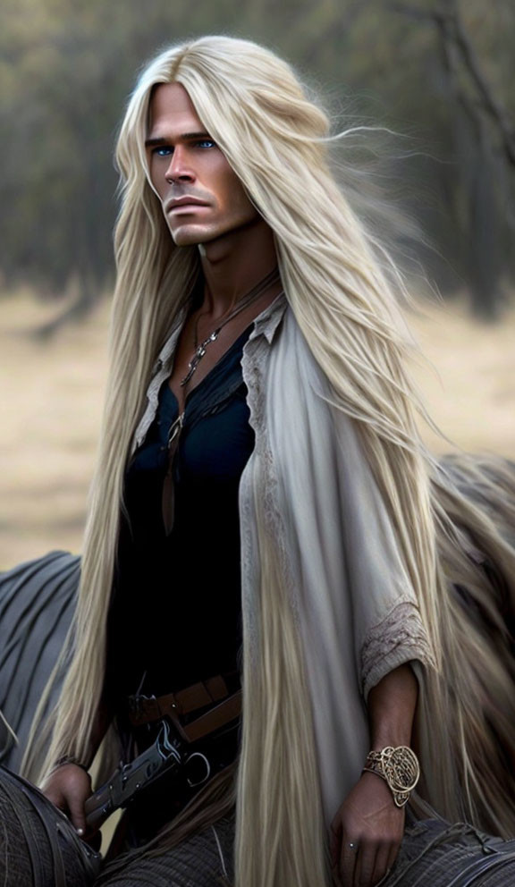 Fantasy character digital artwork: blonde hair, blue eyes, medieval attire.