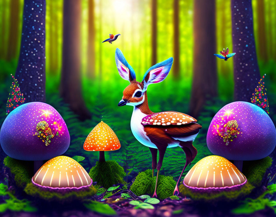 Enchanting forest scene with anthropomorphic deer and glowing mushrooms