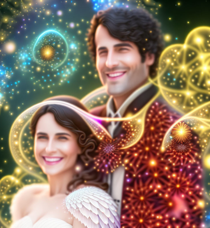 Smiling couple in suit and white dress with colorful fireworks lights