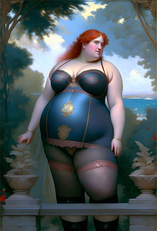 Voluptuous red-haired woman in corset and stockings on balcony with serene backdrop.