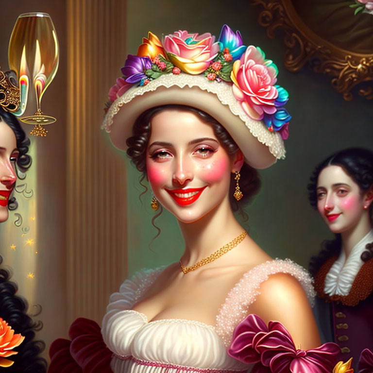 Smiling woman in flower hat with champagne glass in classical style painting