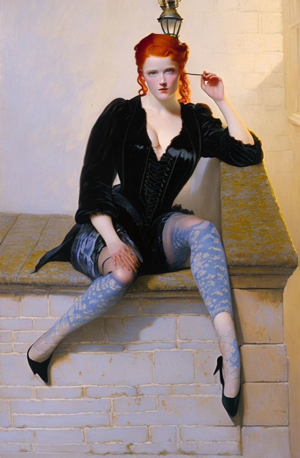 Red-haired woman in corset top on ledge with pencil