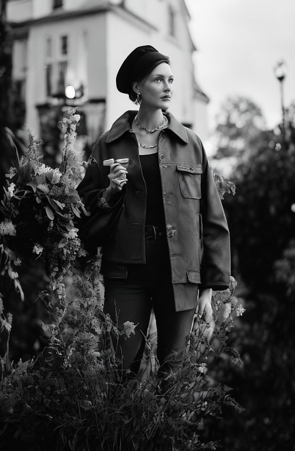 Monochrome photograph of stylish woman in beret and oversized jacket among foliage