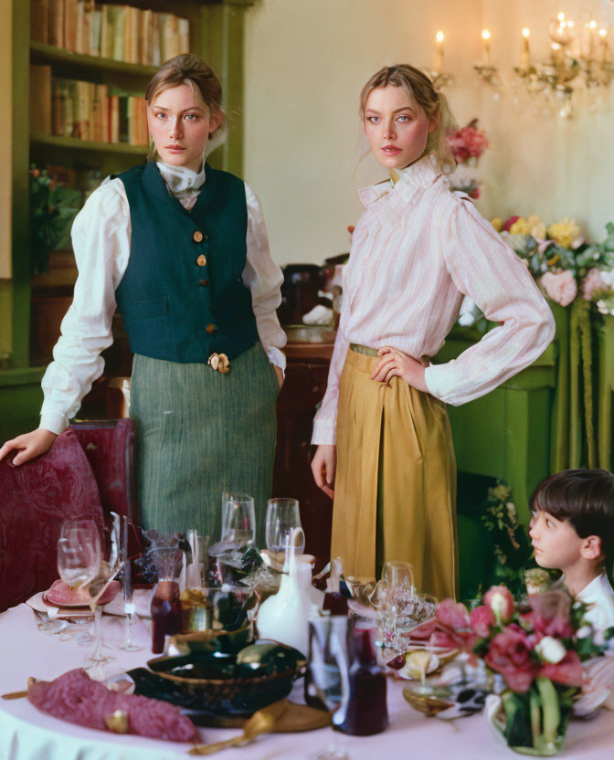 Vintage Attired Women and Young Boy at Elegant Dining Table