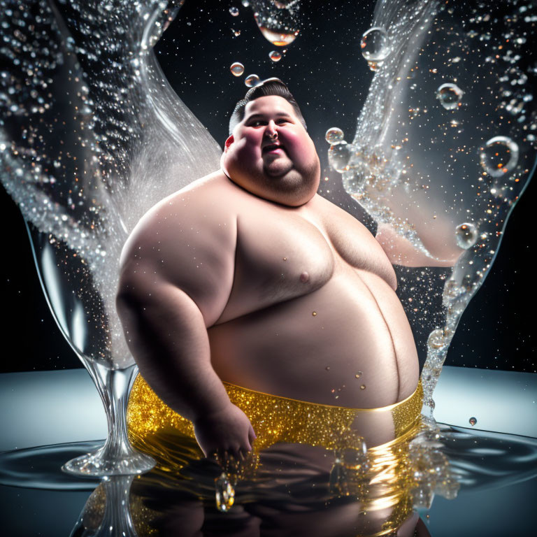 Animated character with gold bottom splashes into water with bubbles