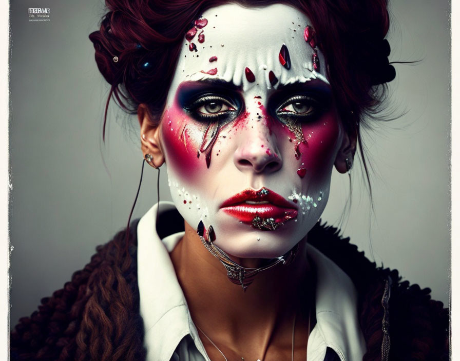 Woman with cracked porcelain doll makeup in vivid red and white with faux blood