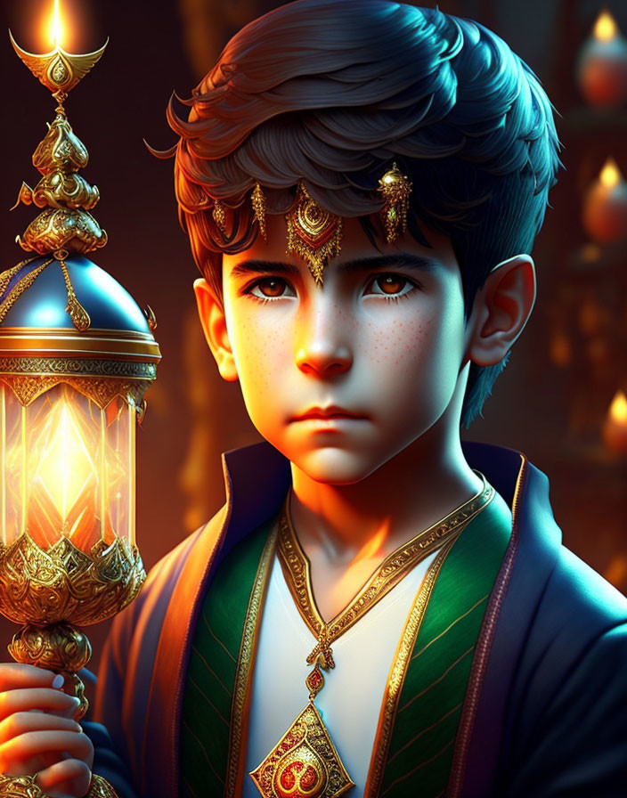 Young boy in regal attire with glowing lantern and blue eyes