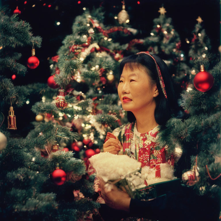 Festively dressed woman with gift near glowing Christmas tree